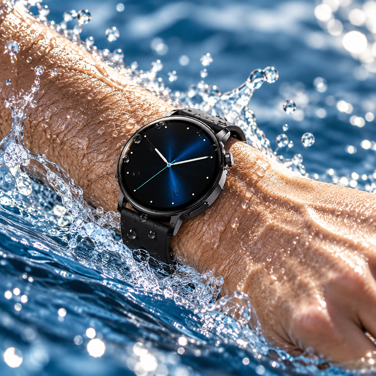 Zwarte Notablu smartwatch in opspattend water