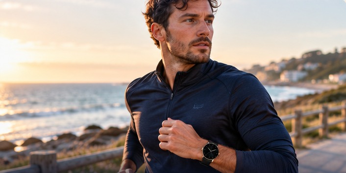 Man loopt hard langs de zee met zwarte Notablu smartwatch