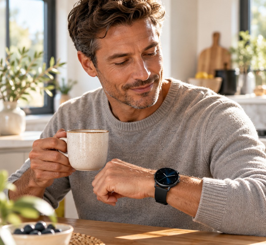 Man met een kop thee kijkt in een lichte keuken naar zijn zwarte Notablu smartwatch