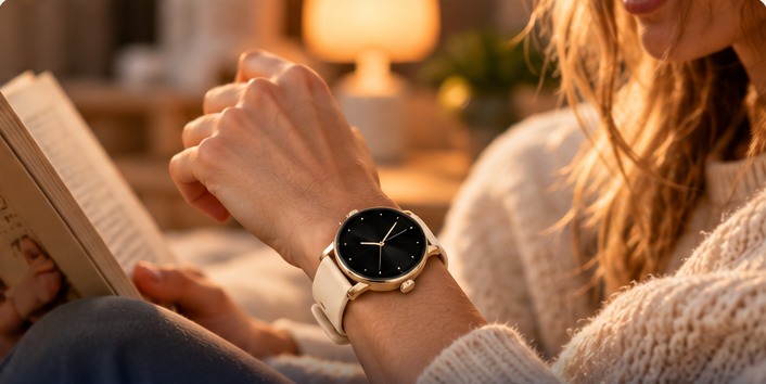 Vrouw leest een boek met gouden Notablu smartwatch