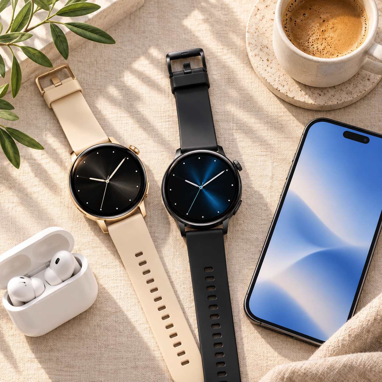 Notablu smartwatches naast telefoon, oordopjes en koffie